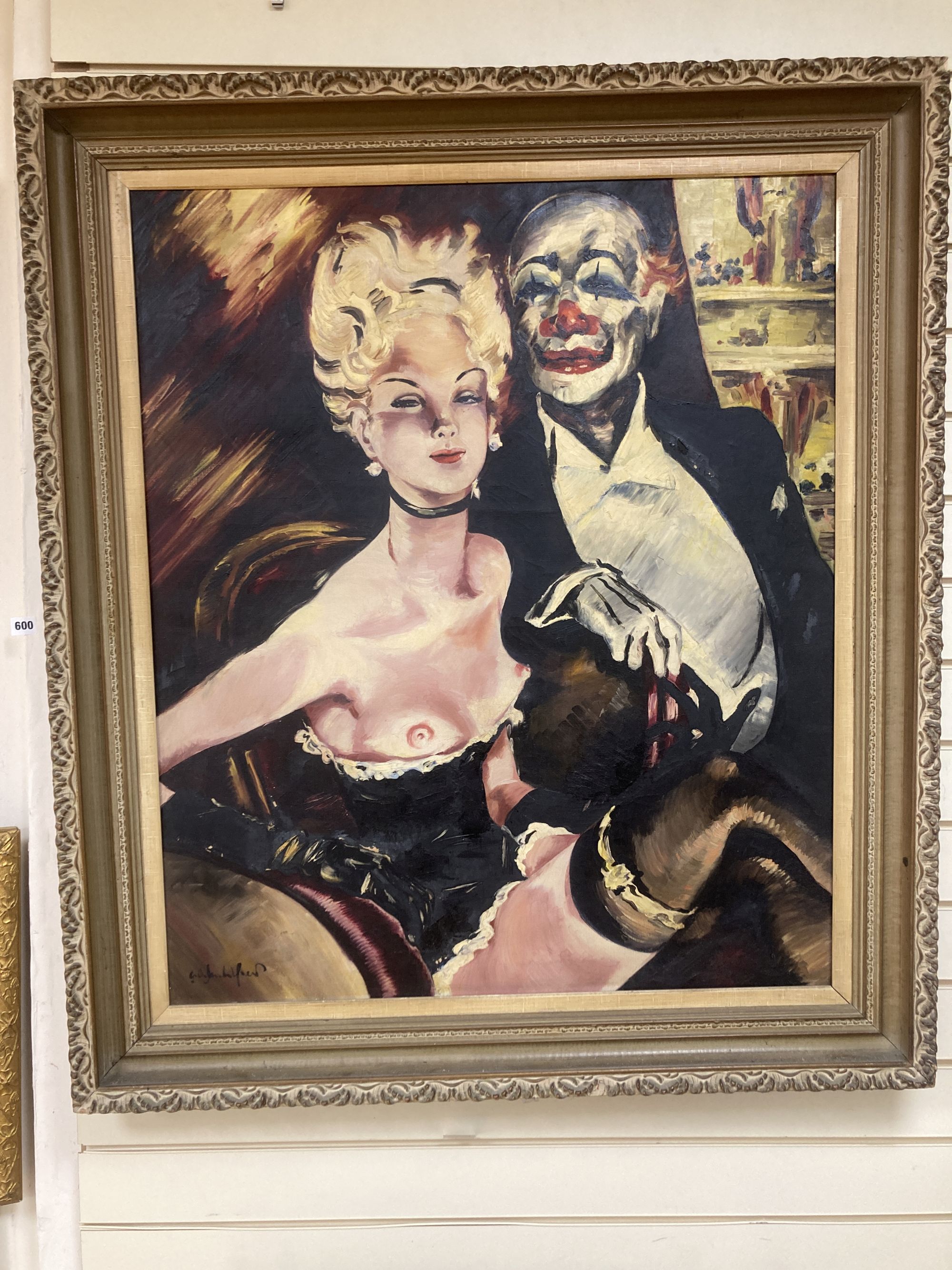 German School, oil on canvas, Show girl and gentleman with clown face, indistinctly signed, 95 x - Image 2 of 3