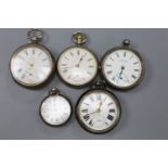 Two silver pocket watches including late Victorian and three other white metal pocket/fob watches(