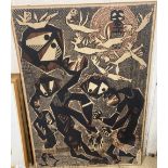 A Batik panel printed with stylised dancing figures, indistinctly signed, 122 x 88cm