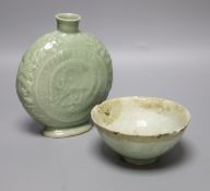 A Chinese celadon glazed moonflask, height 17cm, and bowlCONDITION: Flask good. Bowl with obvious