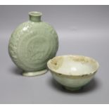 A Chinese celadon glazed moonflask, height 17cm, and bowlCONDITION: Flask good. Bowl with obvious