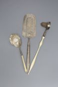 A continental pierced white metal cake slice and two other items including plated candle snuffer.