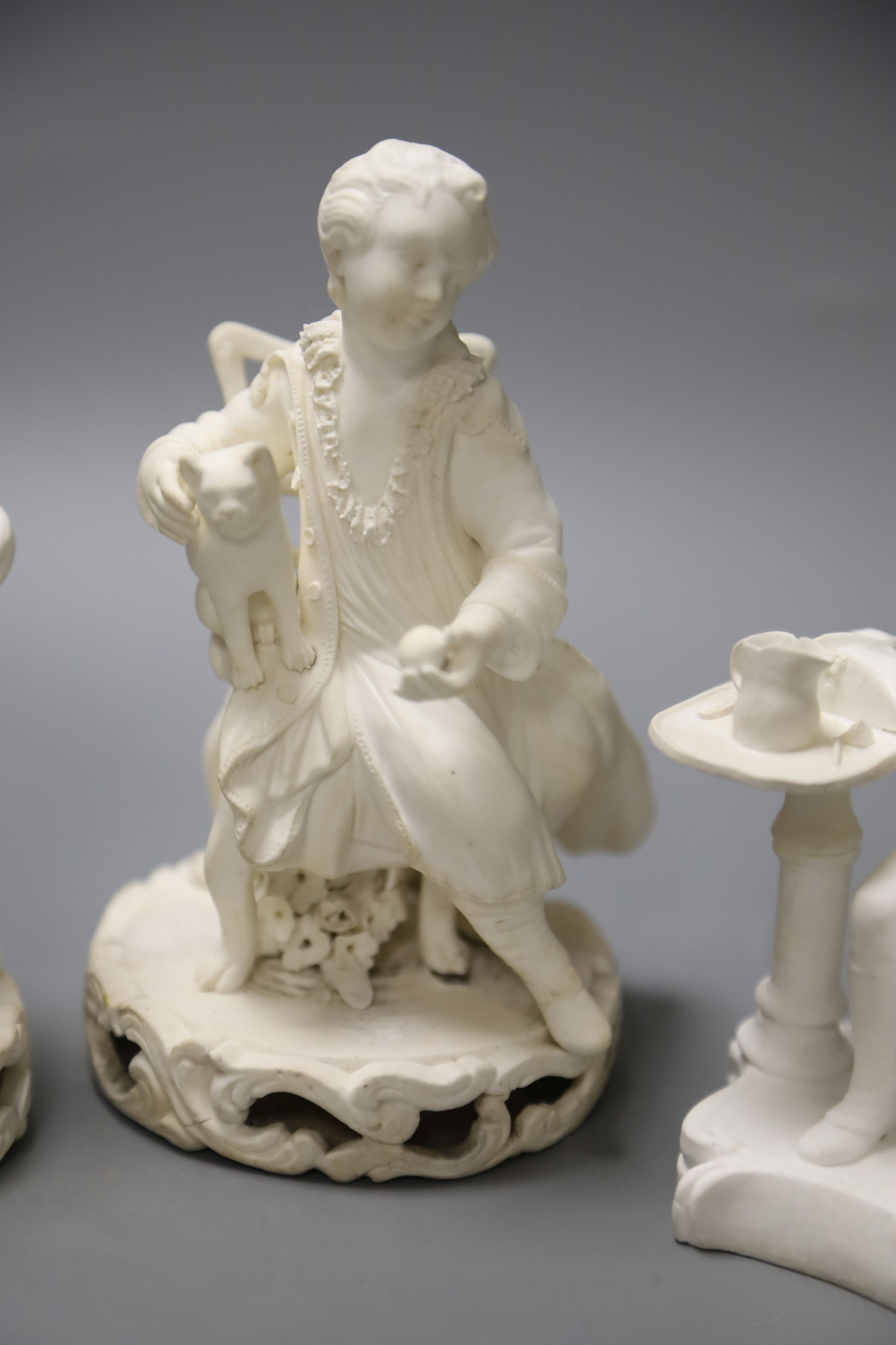 An early 19th century pair of Derby biscuit figures of a boy with a cat and a girl with a dog and - Image 3 of 6