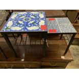 Two mid century design square tiled top occasional tables, larger 41cm, height 46cm