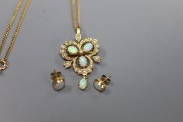 A modern 9ct gold, opal and seed pearl openwork drop pendant, on 9ct gold chain and a pair of opal