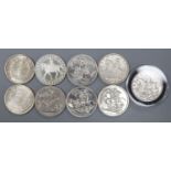 Five 1951 crowns, EF, two 1935 crowns, AEF, a silver 1977 crown, an 1885 Morgan dollar, GVF and a