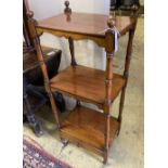 A Victorian mahogany three-tier whatnot, width 46cm, depth 33cm, height 110cm