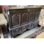 An 18th century oak mule chest, width 140cm, depth 56cm, height 110cm