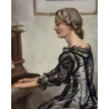 Arthur Royce Bradbury (1892-1977), oil on board, Lady playing the piano, signed, 34 x 27cm