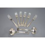 A set of six George III hourglass pattern dessert forks and a pair of sauce ladles, Thomas Wilkes