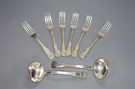 A set of six George III hourglass pattern dessert forks and a pair of sauce ladles, Thomas Wilkes