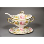 An English porcelain floral moulded tureen cover and ladle, probably Coalport, height 15cm