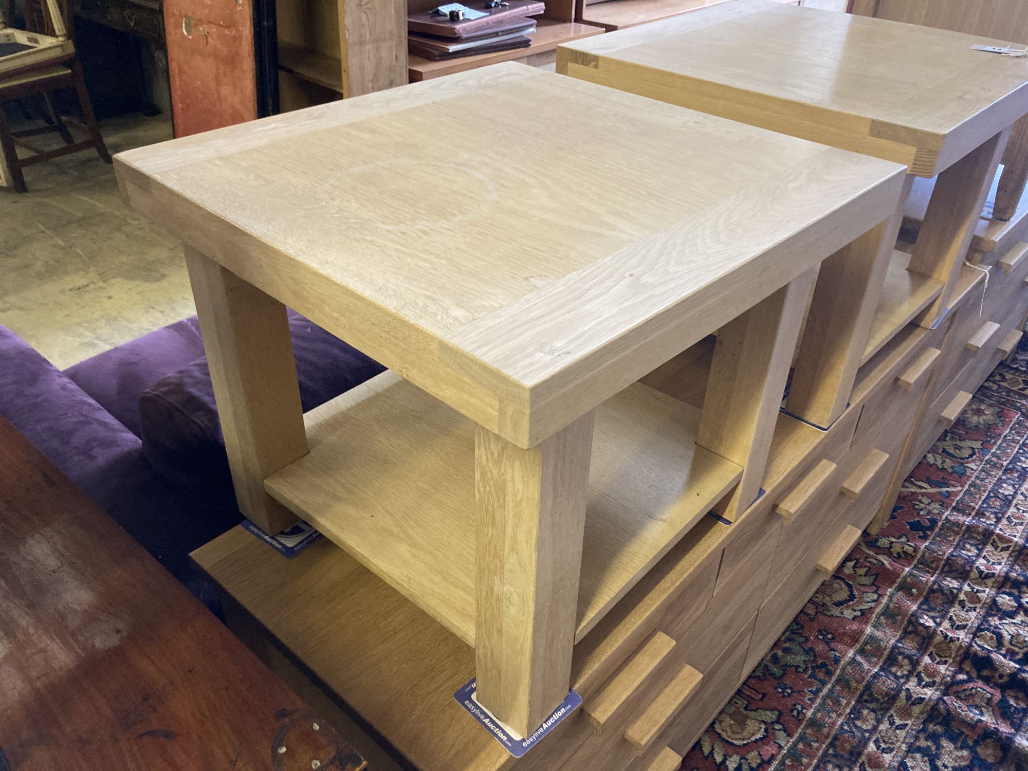 A pair of contemporary oak two-tier occasional tables, width 55cm, depth 55cm, height 45cm - Image 2 of 5