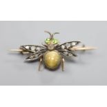 A Victorian yellow metal cat's eye quartz?, garnet and rose cut diamond set bug brooch, overall