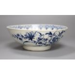 An 18th century Worcester bowl painted with the Peony pattern in blue, Workman's mark in blue to