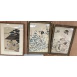 Three Japanese woodblock prints, including one by Keisai Eisen from 'A Summer Scene of Beauties',