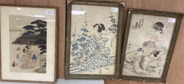 Three Japanese woodblock prints, including one by Keisai Eisen from 'A Summer Scene of Beauties',