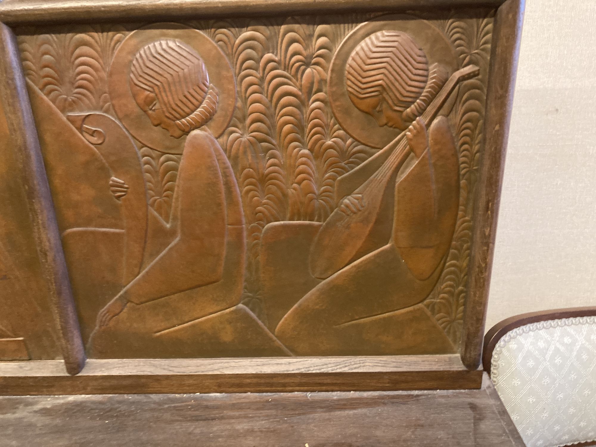 An Arts & Crafts oak and embossed copper triptych by Felix Jacques, signed and dated 1928, width - Image 2 of 7