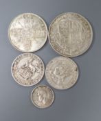 Edward VII to George VI silver coins, 1915 halfcrown GVF, 1918 florin, VF or better, two shillings