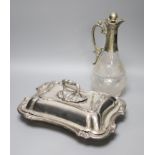 A Victorian plated tureen and cover and a claret jug