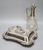 A Victorian plated tureen and cover and a claret jug