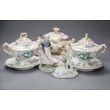 A pair of Ridgway porcelain tureens and integral stands and tureen cover and stand, height 18cm, a
