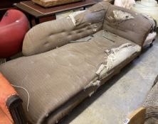A Victorian chaise longue on turned bun feet, in need of re-upholstery, length 210cm, depth 93cm,