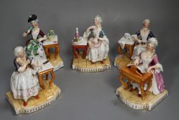 After Meissen originals. A group of five late 19th century porcelain groups, emblematic of the