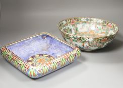 A late 19th century Cantonese famille rose bowl and a Royal Winton lustreware bowl, diameter 26cm