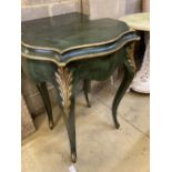 A pair of green painted and gilt console tables, width 65cm, depth 35cm, height 81cm