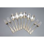 A set of six George III Irish silver hourglass pattern table spoons and four table forks, Dublin,