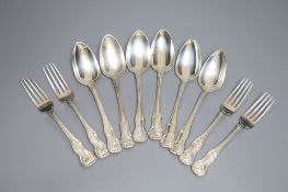 A set of six George III Irish silver hourglass pattern table spoons and four table forks, Dublin,