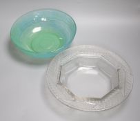 A Lalique post-war fern-rimmed circular bowl with octagonal interior and a green glass fruit bowl