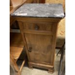 A 19th century French marble top walnut bedside cabinet, width 40cm, depth 34cm, height 80cm