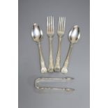 A pair of George IV silver hourglass pattern table forks and pair of dessert spoons, James Beebe,