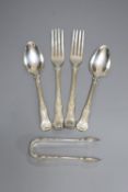 A pair of George IV silver hourglass pattern table forks and pair of dessert spoons, James Beebe,