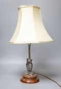 An early 20th century silver plated 'owl' table lamp and shade, overall height 50cm