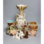 A Continental porcelain vase (converted to electricity) and sundry ceramics, including a model of