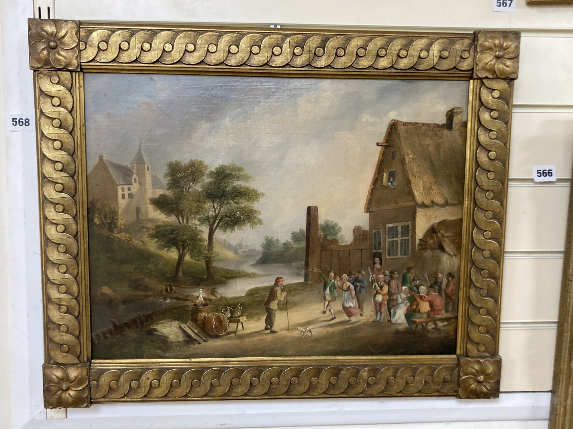 Van Heyde, oil on canvas, 17th century figures celebrating beside a tavern, signed, 37 x 48cm - Image 2 of 3