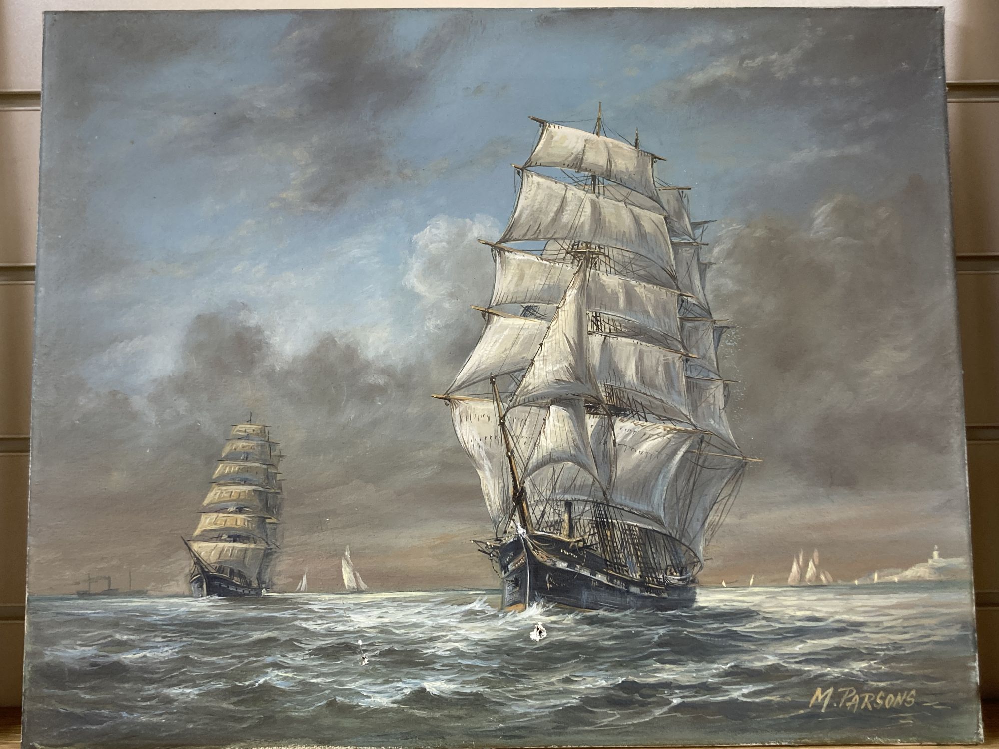 Max Parsons A.R.C.A. (1915-1998), Sailing clippers and other vessels off the coast, signed, oil on