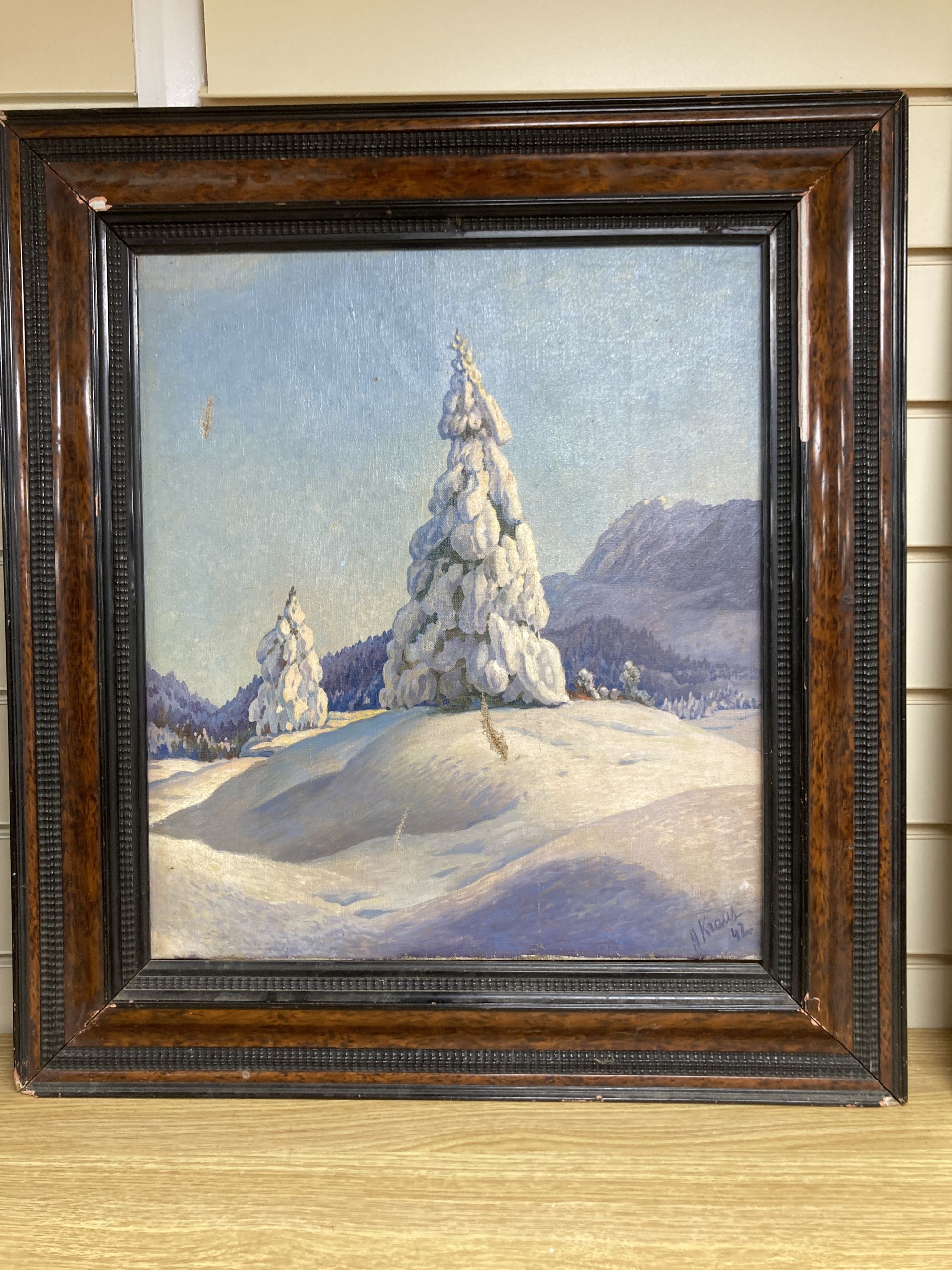 A. Kraus, oil on canvas, Alpine landscape, signed and dated '42, 47 x 41cm - Image 2 of 4