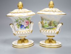 Two Sampson Hancock Derby pot pourri vases and covers, overall height 13cm one with titled view of