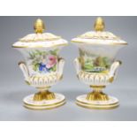 Two Sampson Hancock Derby pot pourri vases and covers, overall height 13cm one with titled view of