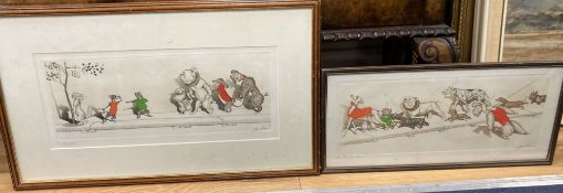 French School, two coloured etchings, caricatures of cats and dogs, one titled Profanateur the other