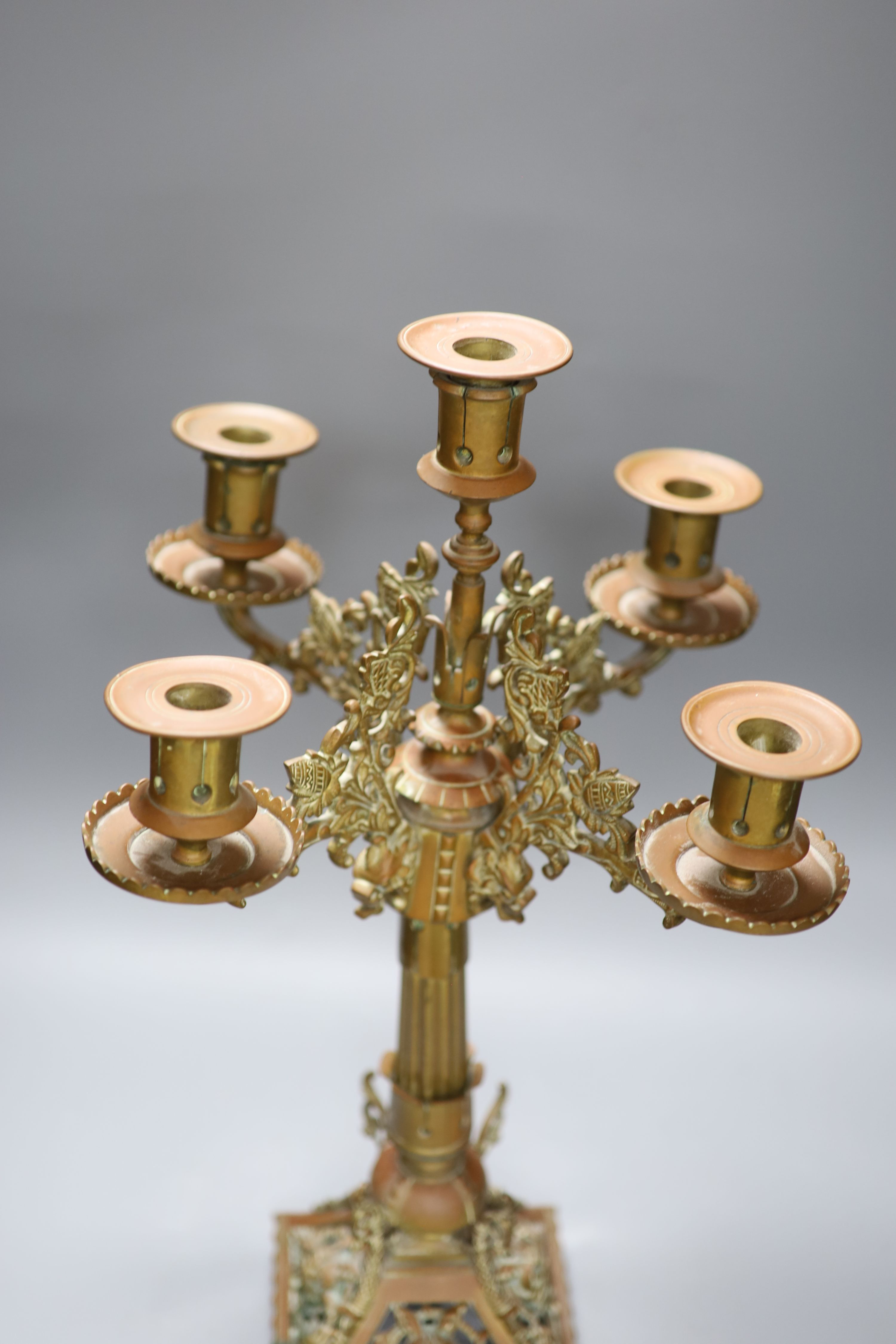 A late 19th century five light gilt bronze candelabrum, in the manner of Dresser, height 57cm - Image 3 of 3