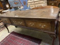 A mid 18th century oak low dresser, width 188cm depth 49cm height 83cmCONDITION: Handles not