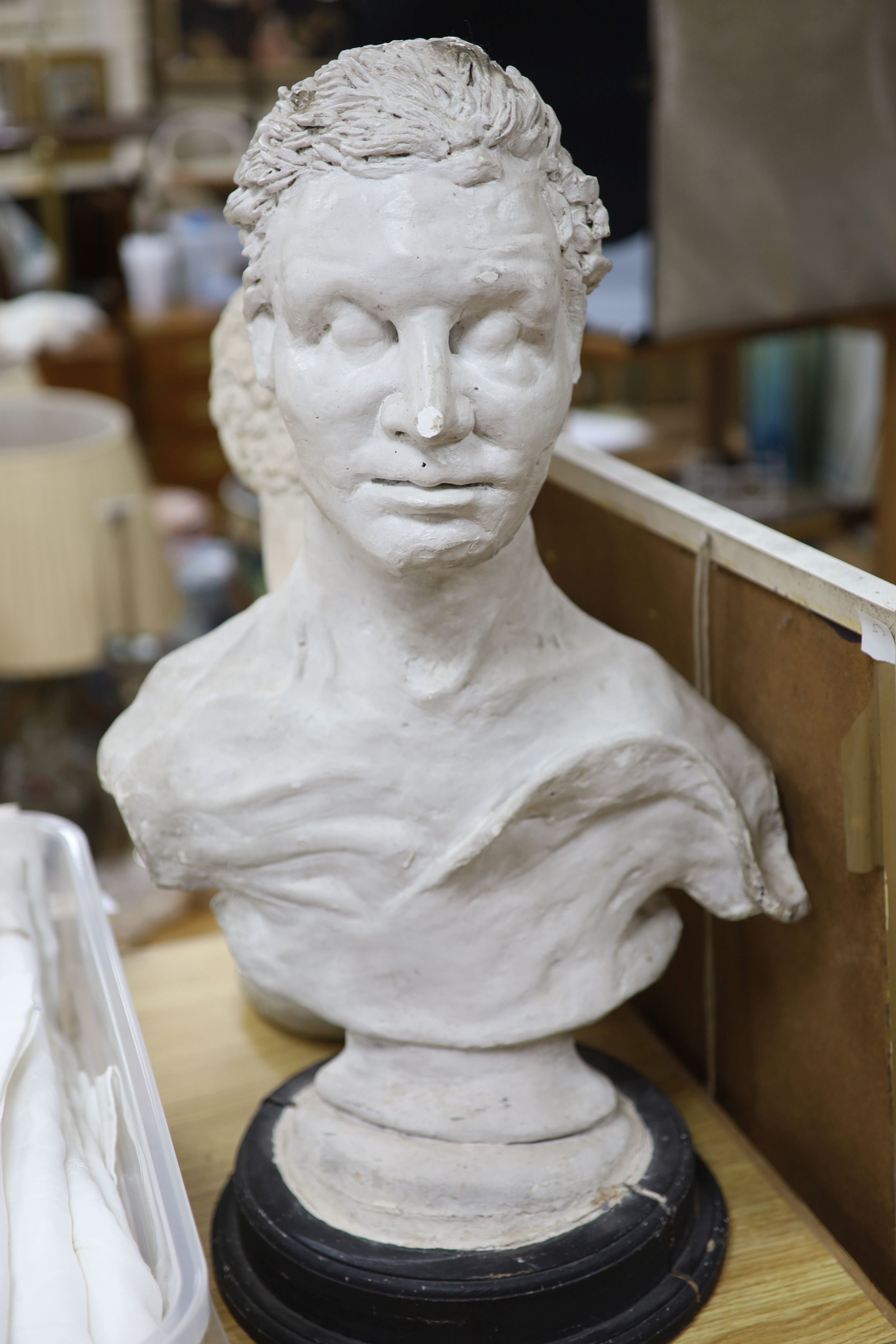 A theatrical plaster bust of a gentleman, height 70cm