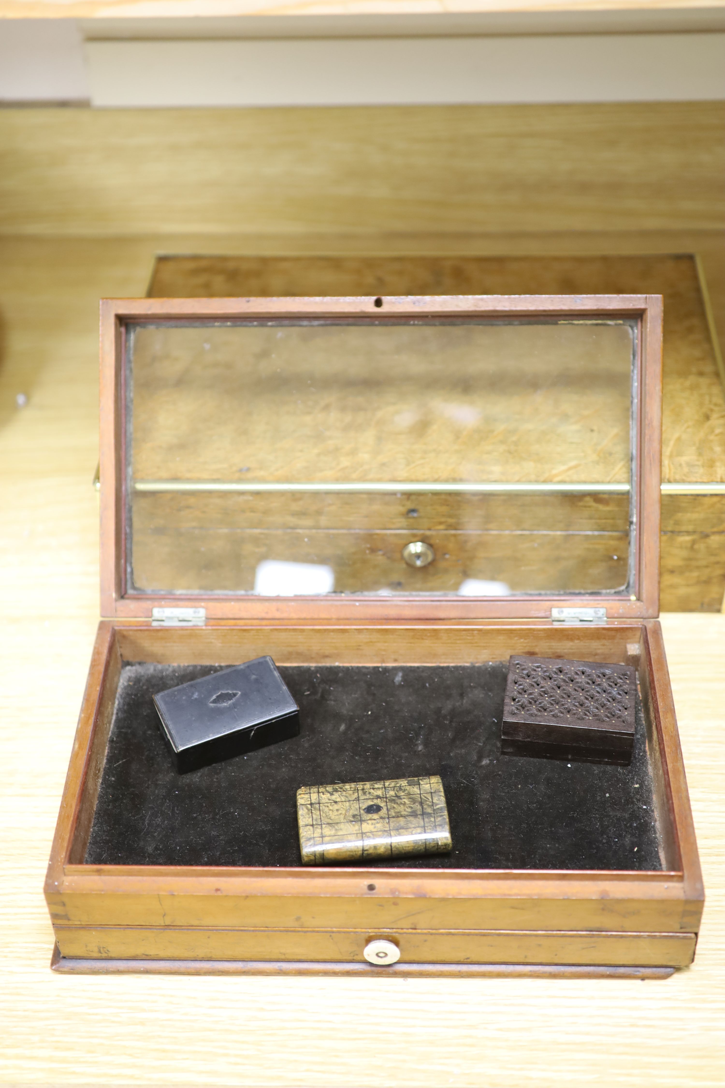 A display box, three snuff boxes, a Victorian brass bound oak document box and a coromandel box - Image 4 of 7