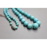 A continental graduated turquoise bead necklace, with marcasite and cultured pearl set white metal