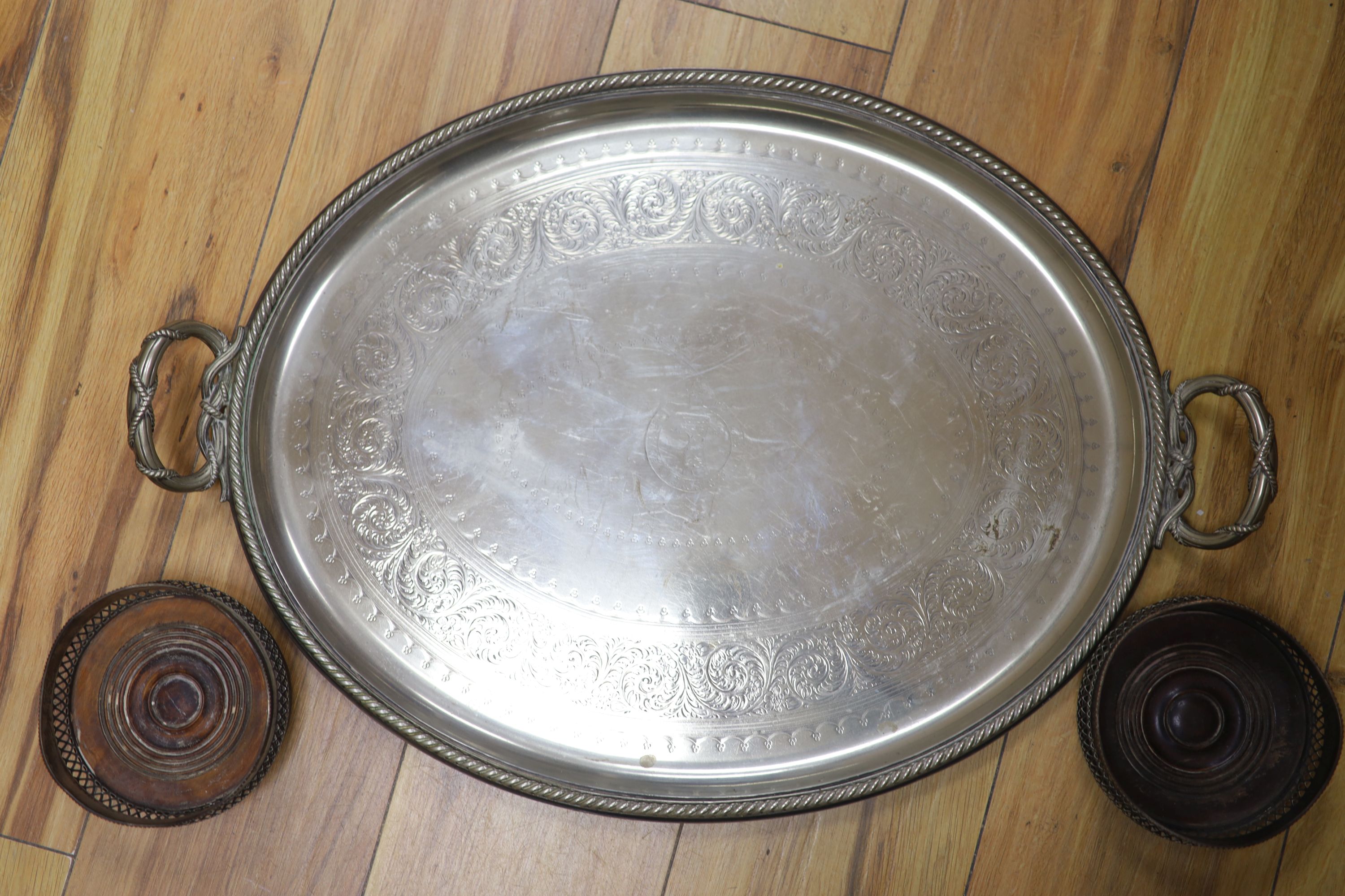 A pair of plated coasters, an oval salver and a tray - Image 3 of 3